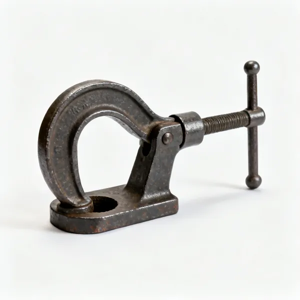 An iron holdfast clamp with a curved arm in a bench hole