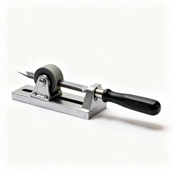 A metal honing guide clamp with a roller wheel holding a chisel