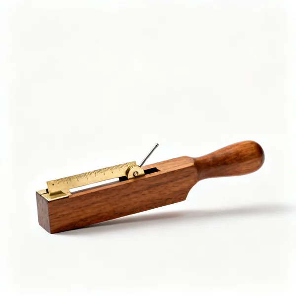 A wooden marking gauge with a brass faced fence and a pin