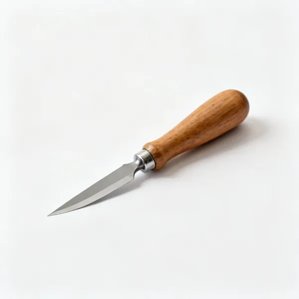 A marking knife with a single bevel blade and a wooden handle