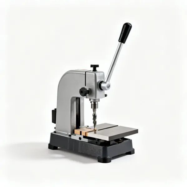 A benchtop mortiser with a long lever handle and a chisel bit