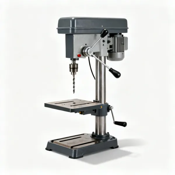 A benchtop pillar drill press with a column and table