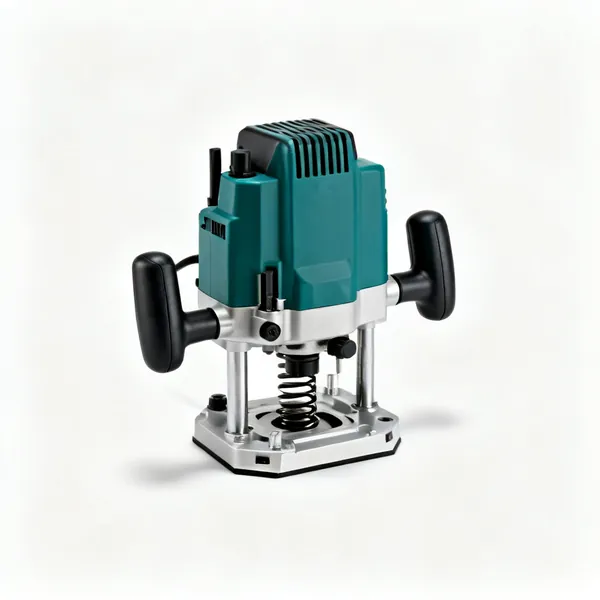 A plunge router with two handles and a spring loaded base