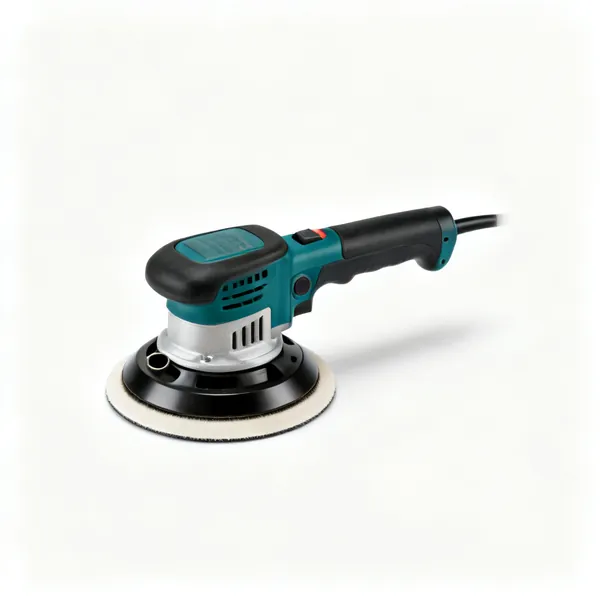 A random orbit sander with a round pad and dust port