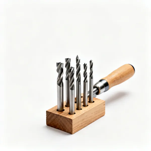 A set of router bits with carbide tips in a wooden stand