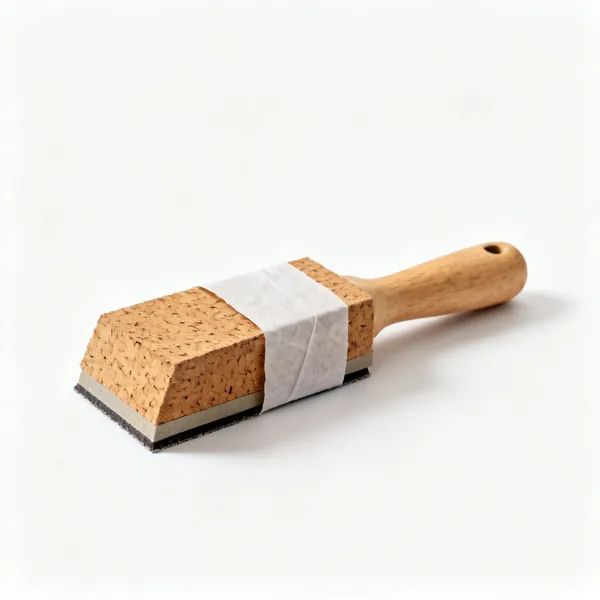 A cork sanding block with abrasive paper wrapped around it