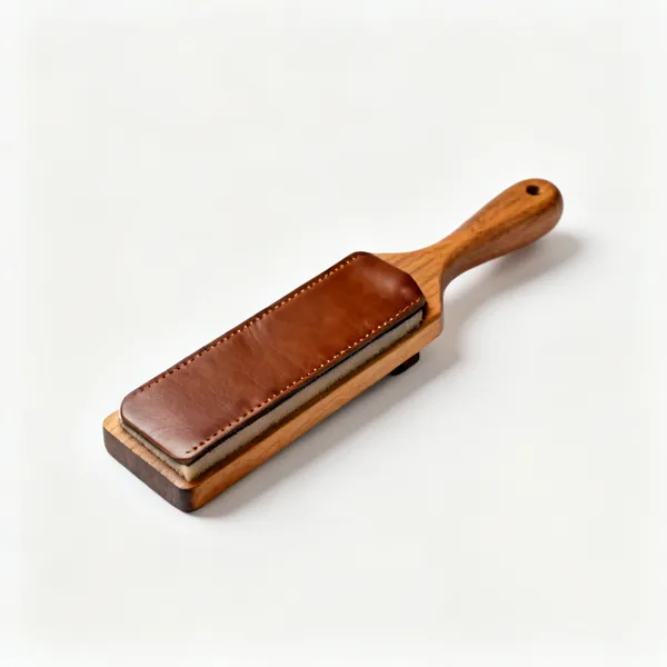 A leather strop on a wooden paddle
