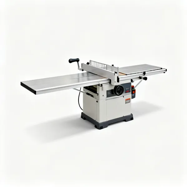 A surface planer jointer with a long infeed table and a fence
