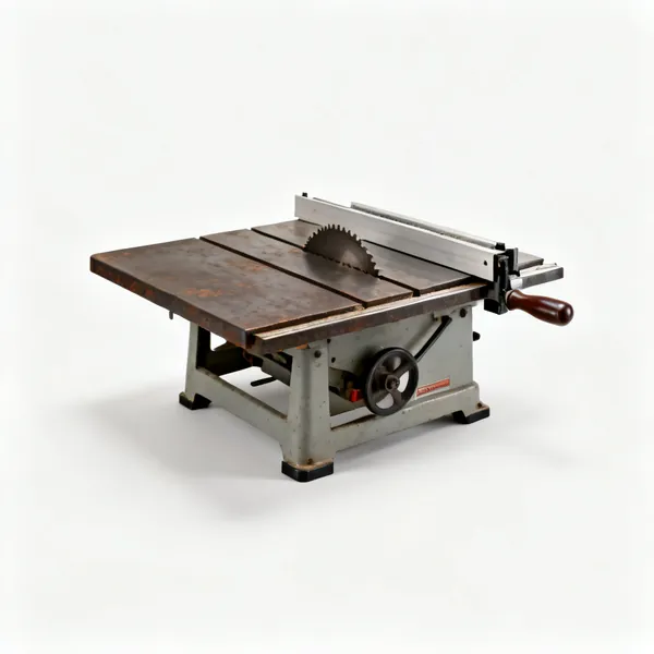 A table saw with a cast iron top, blade and rip fence