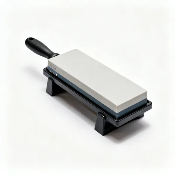 A rectangular waterstone sharpening block on a holder