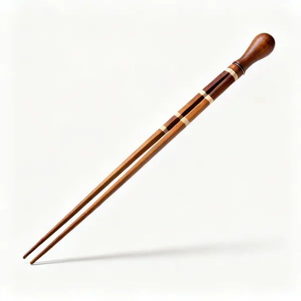 A pair of long wooden winding sticks with contrasting inlay