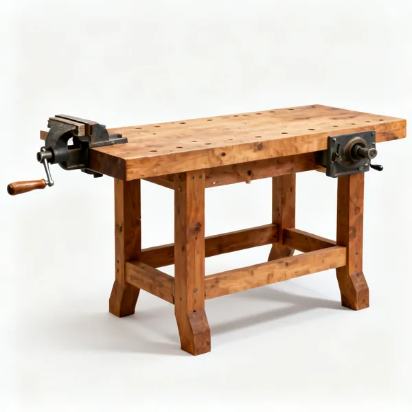 Workbench: A heavy wooden woodworking bench with a thick top and a vice