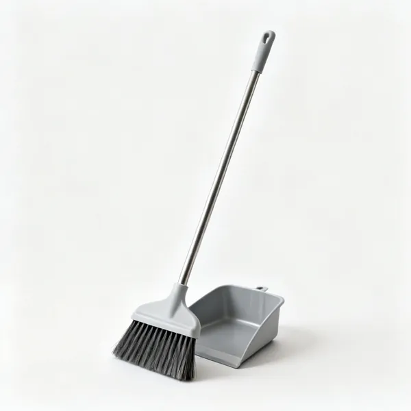 Broom & dustpan: A stiff broom and dustpan
