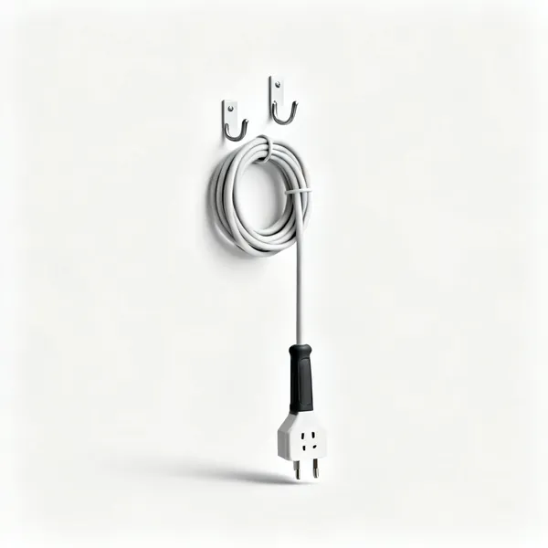 Cable management: Extension leads coiled on wall hooks