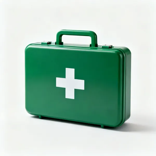 A closed green first aid kit case with a white cross