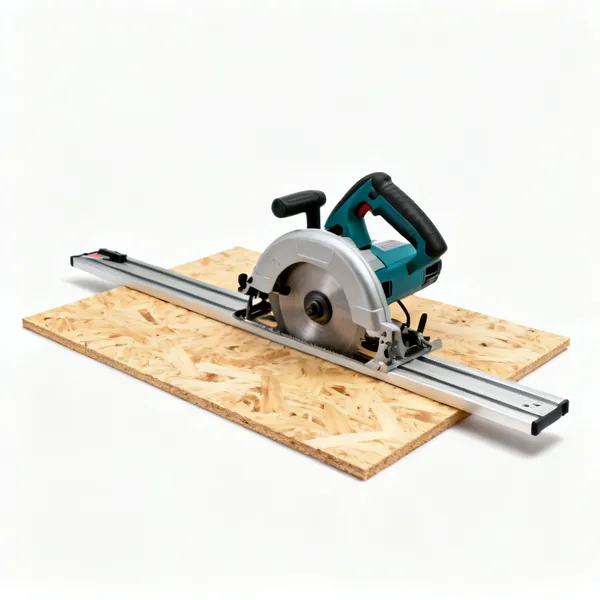 A circular saw guide rail on a sheet of plywood