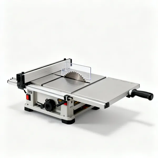 A table saw with a fence and guard