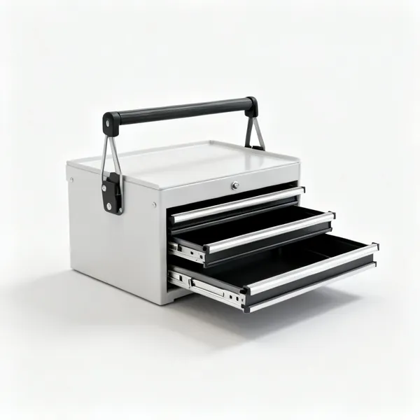 A cantilever toolbox with trays open