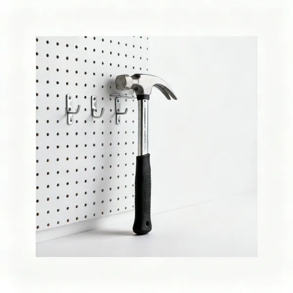 Wall panel or pegboard: A pegboard wall with tool hooks