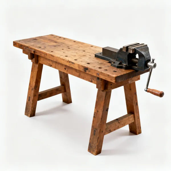 A heavy wooden workbench with a vice
